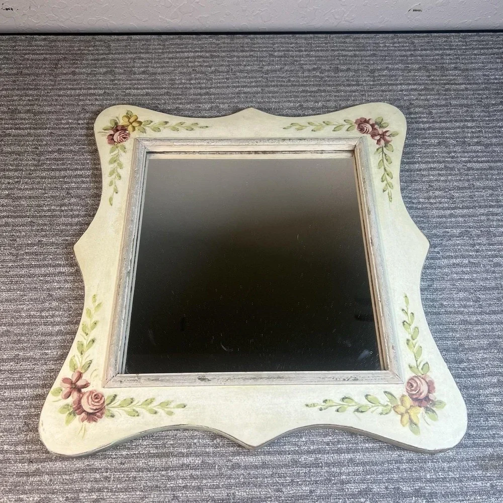 Vintage Floral Wall Mirrors Cottagecore Farmhouse Pink Roses Shabby Chic Wood